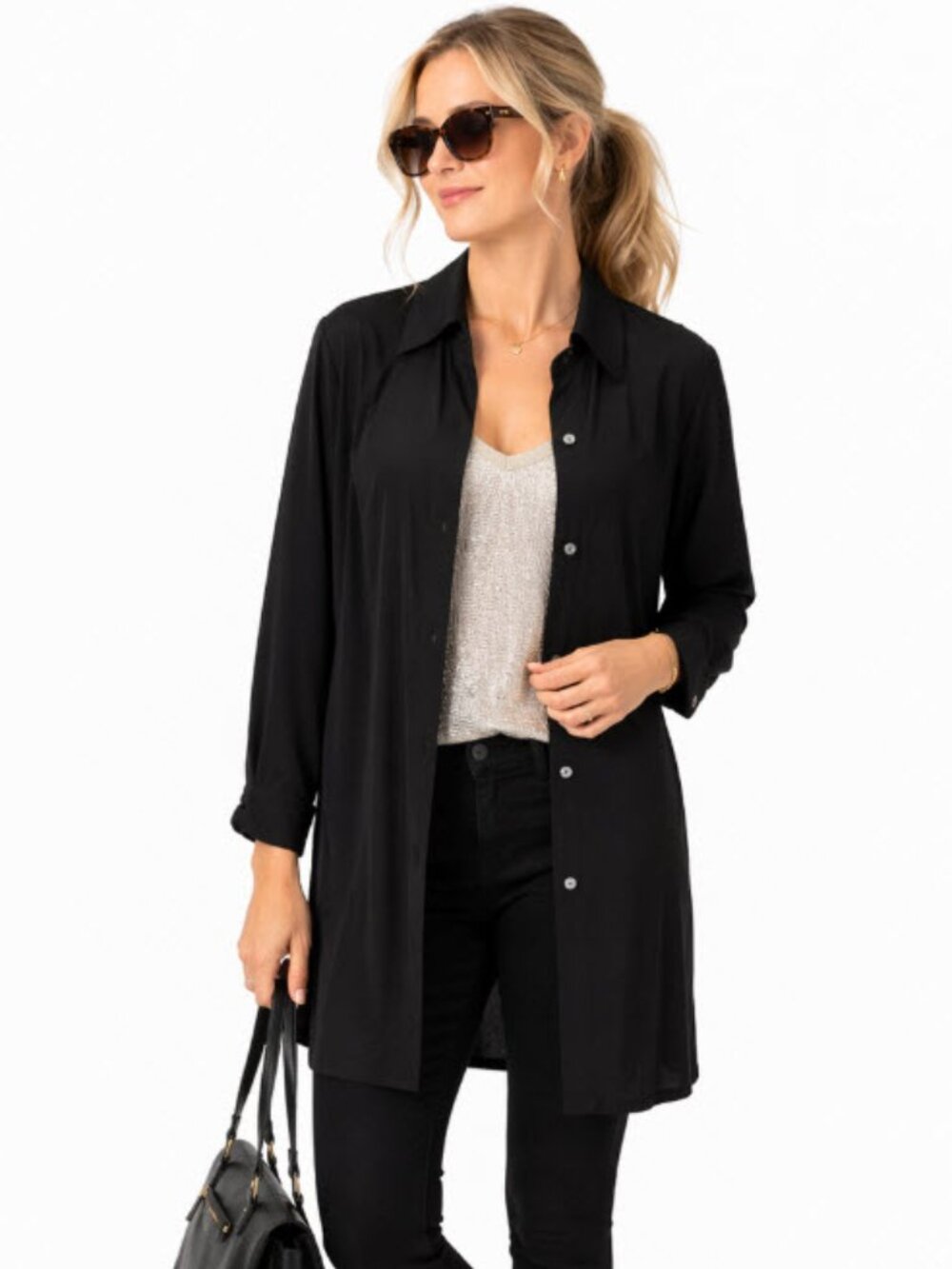 Club Monaco Black Silk Duster Jacket Blouse Longline Button Front Size Medium